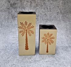 Hand Painted Wooden Candle Holder Pair Decor